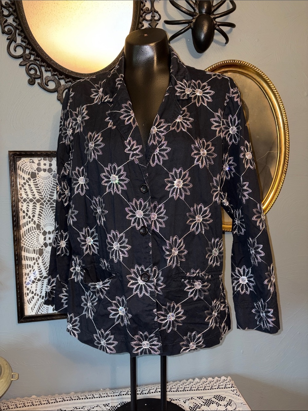 Cathy Daniels Black Floral Embroidered Button-Front Jacket